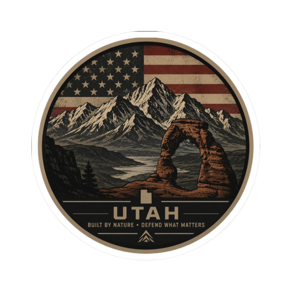 Utah Delicate Arch Vintage Mountain Sticker | American Flag Landscape