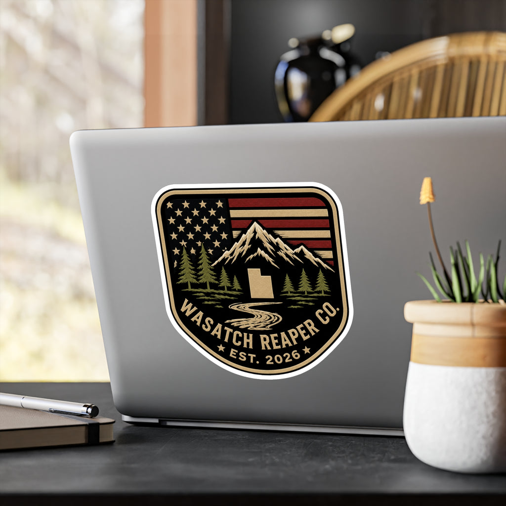 Wasatch Reaper Co. Mountain Flag Vinyl Sticker — Kiss-Cut Decal (Est. 2026)