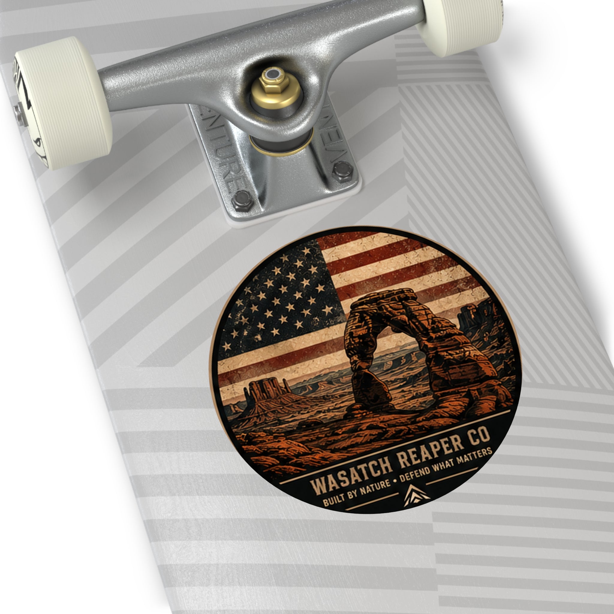 Round Vinyl Sticker — Wasatch Reaper Co. Delicate Arch American Flag Design