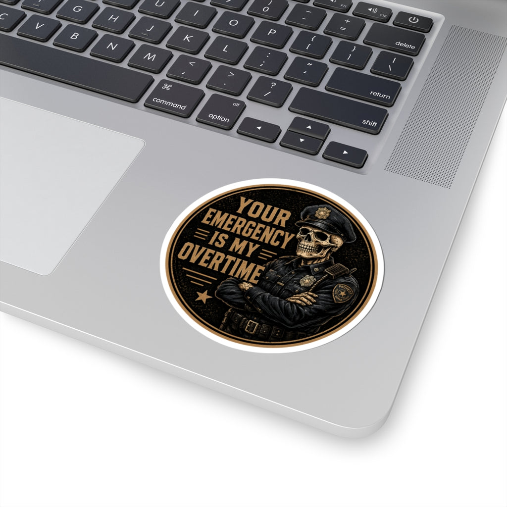Skull Police Officer Your Emergency Is My Overtime sticker | Kiss-Cut Sticker
