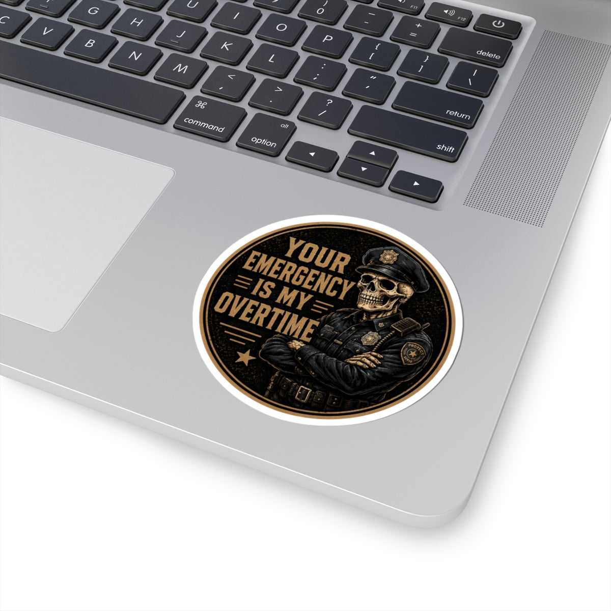 Skull Police Officer Your Emergency Is My Overtime sticker | Kiss-Cut Sticker