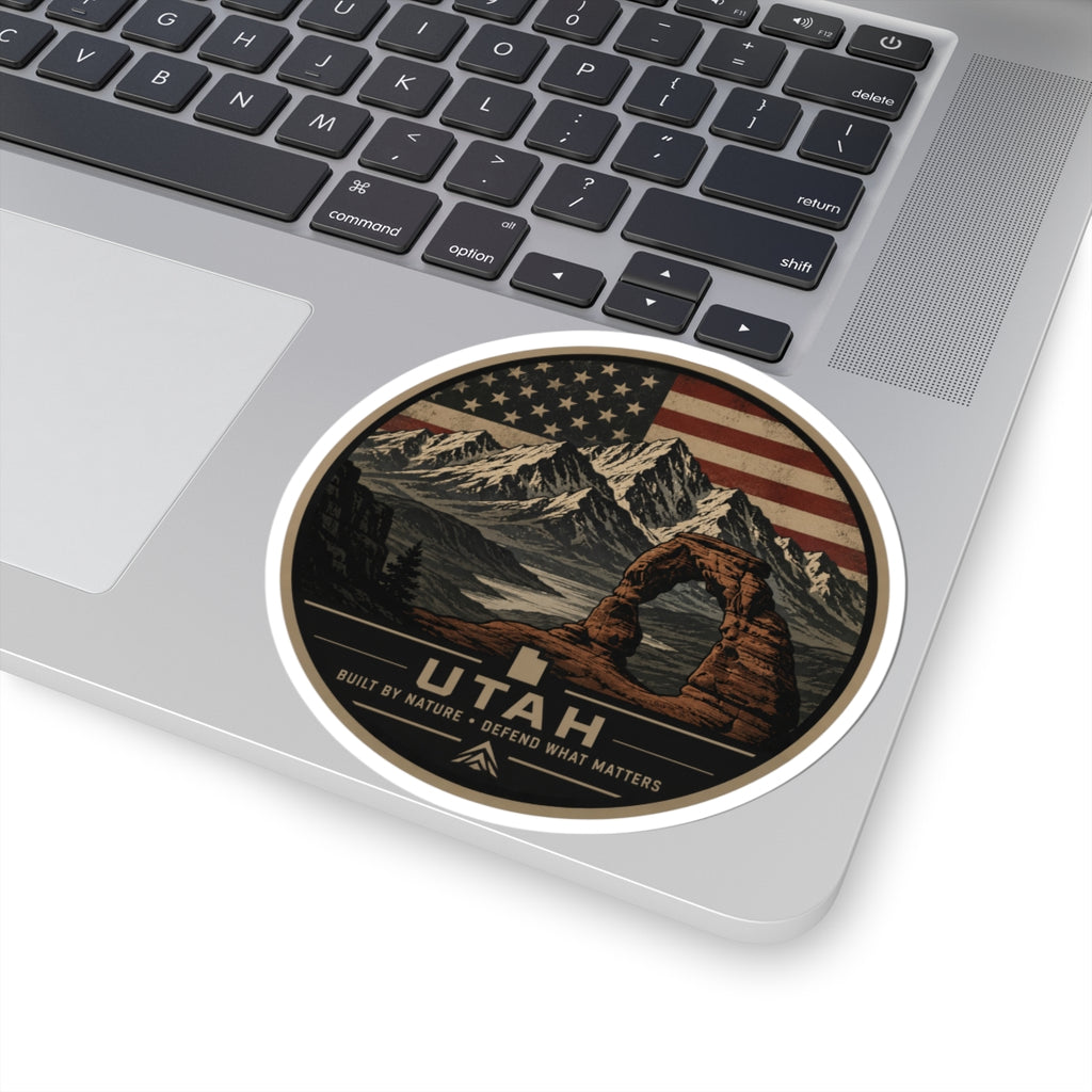 Utah Delicate Arch Vintage Mountain Sticker | American Flag Landscape