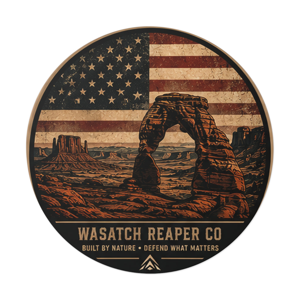 Round Vinyl Sticker — Wasatch Reaper Co. Delicate Arch American Flag Design