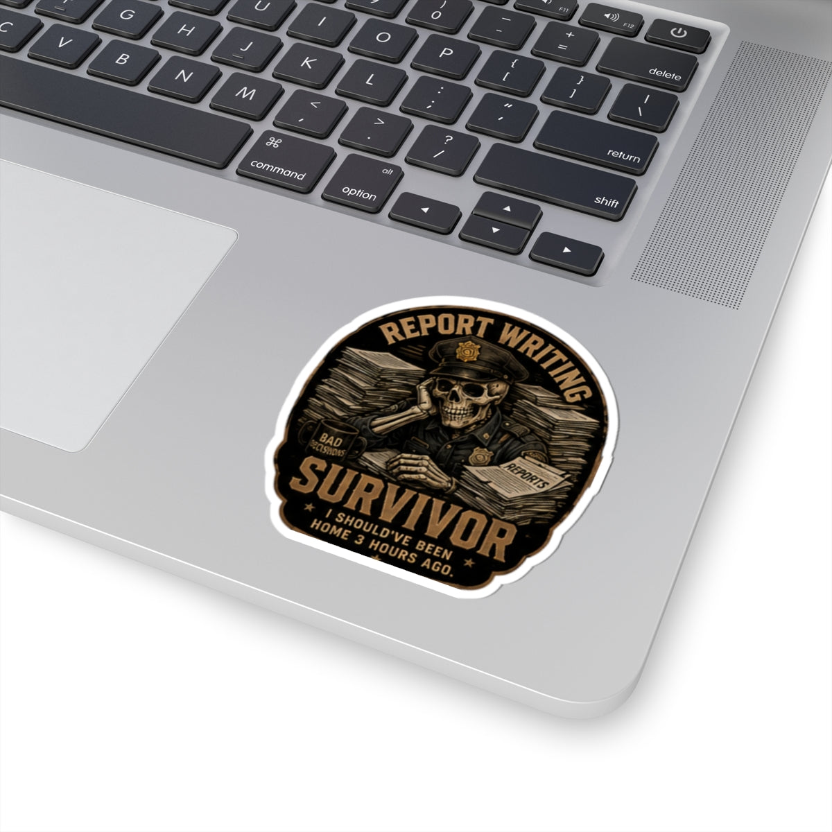 Report Writing Survivor Sticker | Skull Police Officer, Reports Pile Laptop Decal