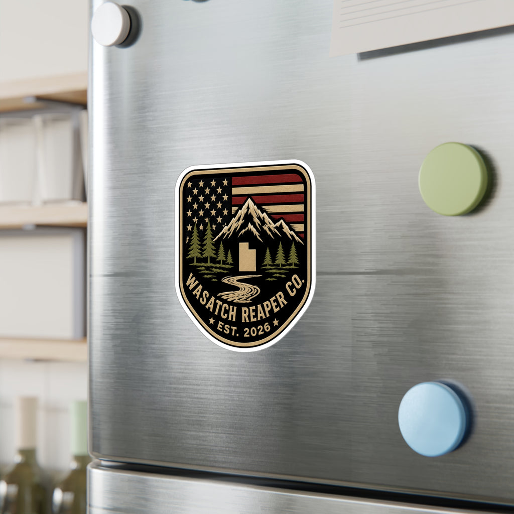 Wasatch Reaper Co. Mountain Flag Vinyl Sticker — Kiss-Cut Decal (Est. 2026)