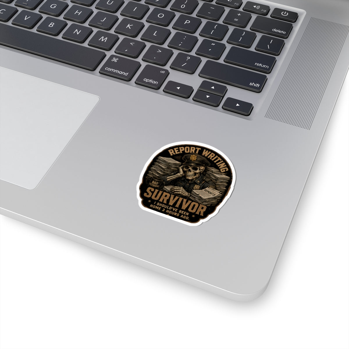 Report Writing Survivor Sticker | Skull Police Officer, Reports Pile Laptop Decal