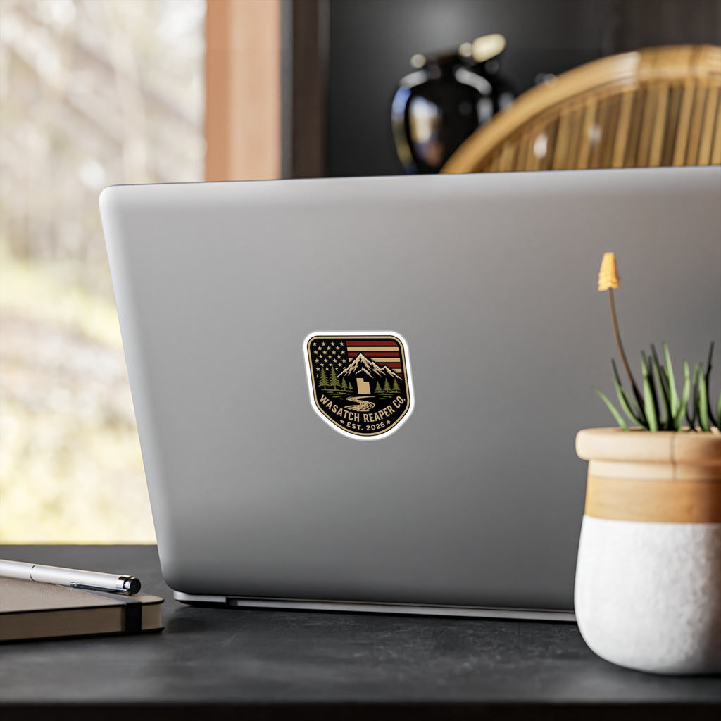 Wasatch Reaper Co. Mountain Flag Vinyl Sticker — Kiss-Cut Decal (Est. 2026)