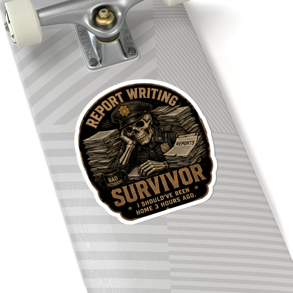 Report Writing Survivor Sticker | Skull Police Officer, Reports Pile Laptop Decal