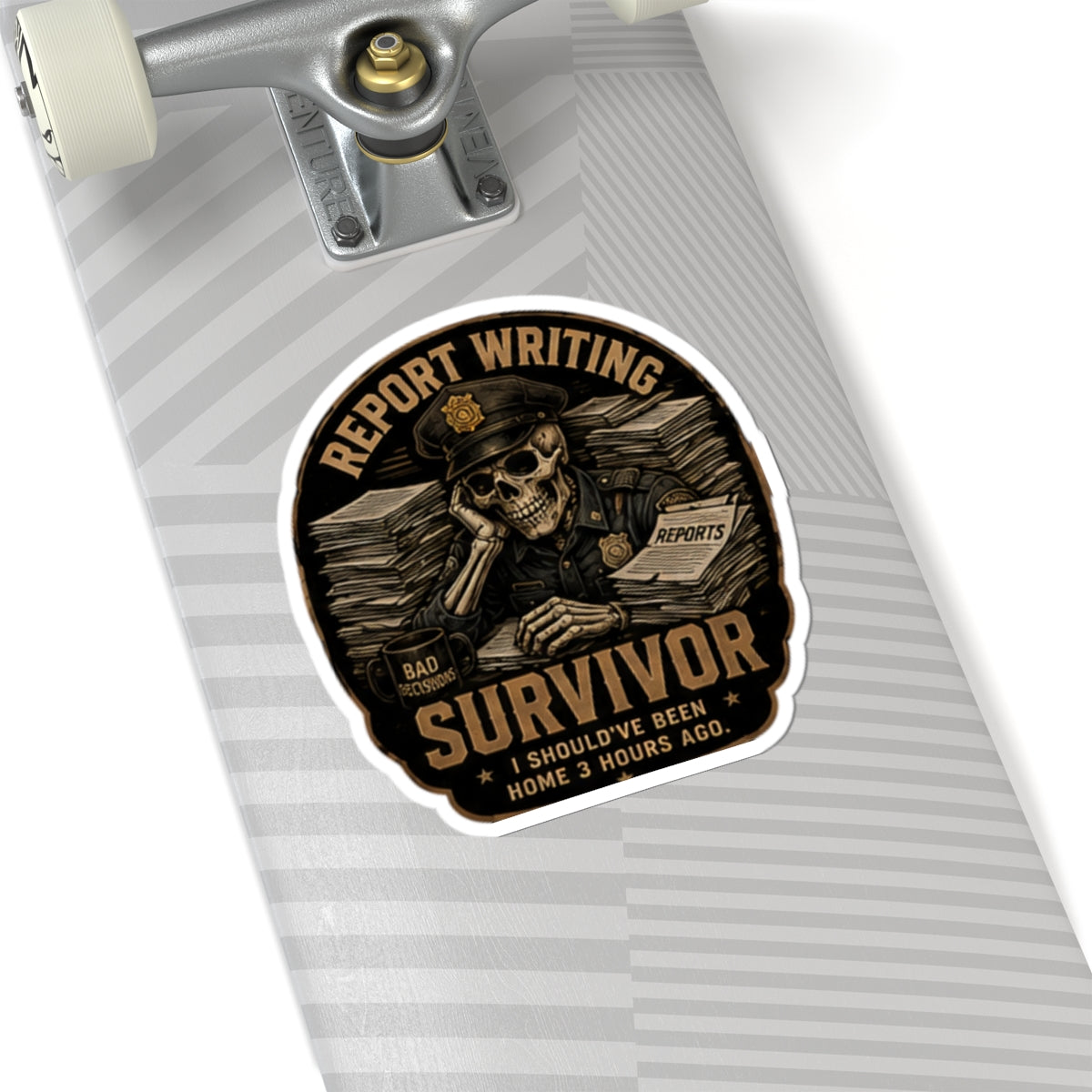 Report Writing Survivor Sticker | Skull Police Officer, Reports Pile Laptop Decal
