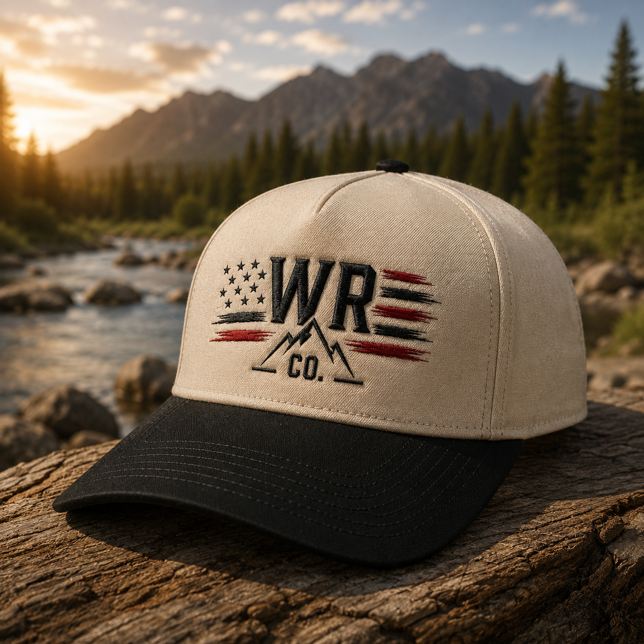 WR Co. Two-Tone Trucker Hat — American Flag Mountain Logo Cap