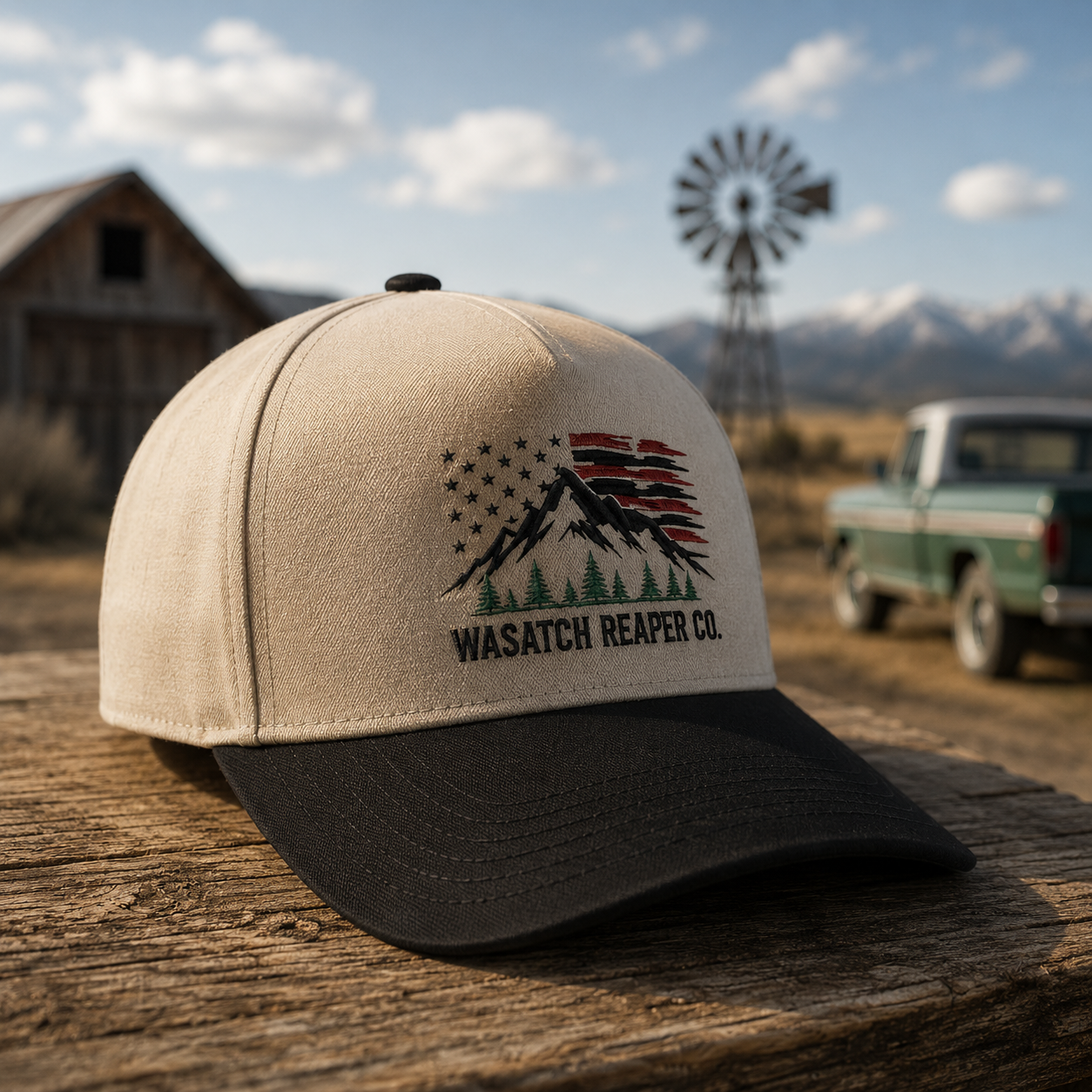 Wasatch Reaper Co. Two-Tone Trucker Hat — Mountain Flag Design