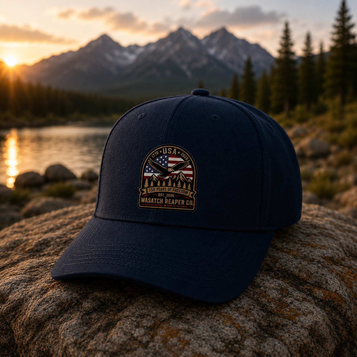 Patriotic Eagle Mountain Cap — "250 Years of Freedom" USA Patch Hat