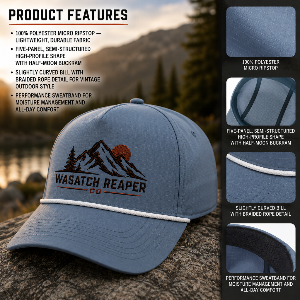 Sunwashed Rope Cap Wasatch Reaper Mountain Logo Hat | Vintage Outdoor Trucker Cap