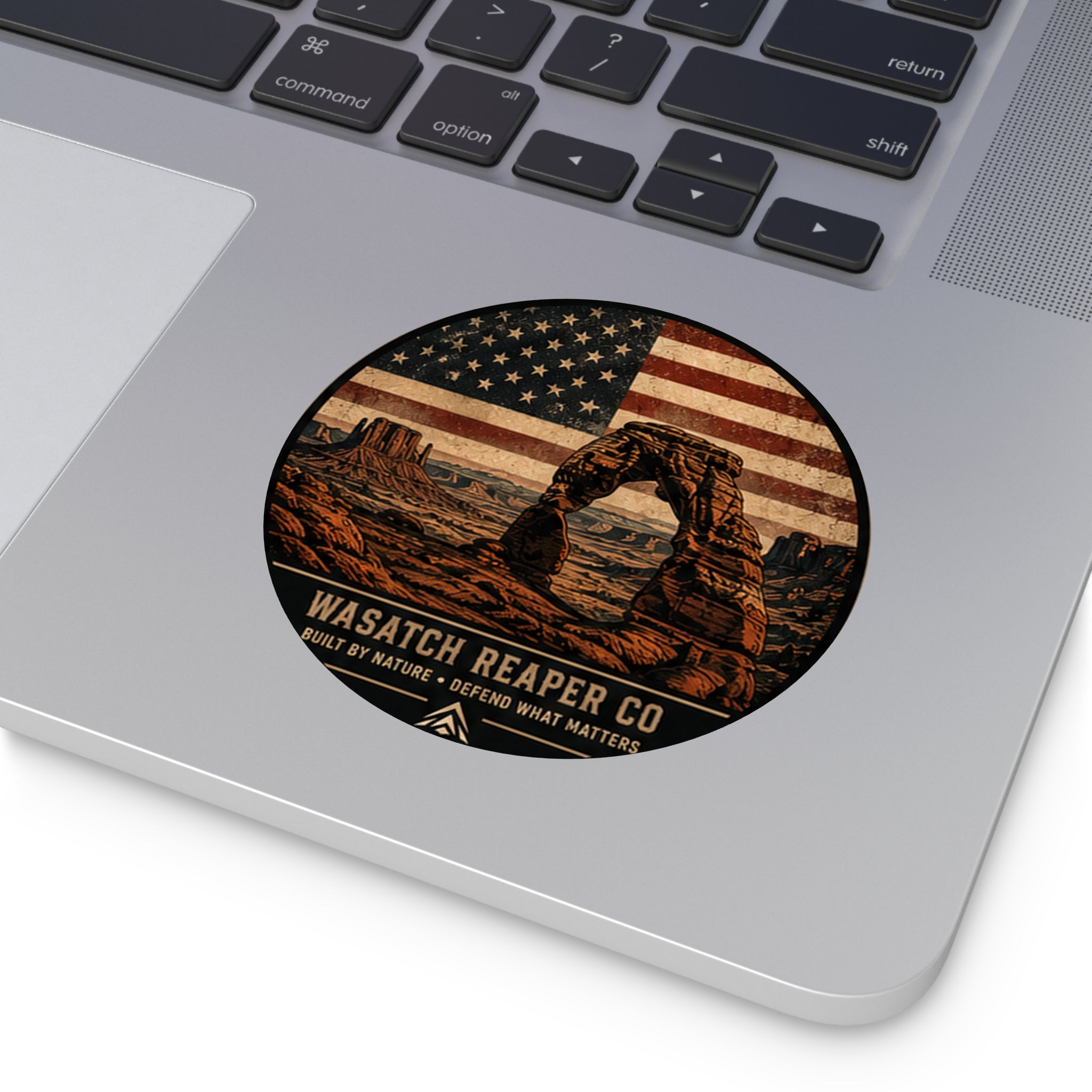 Round Vinyl Sticker — Wasatch Reaper Co. Delicate Arch American Flag Design