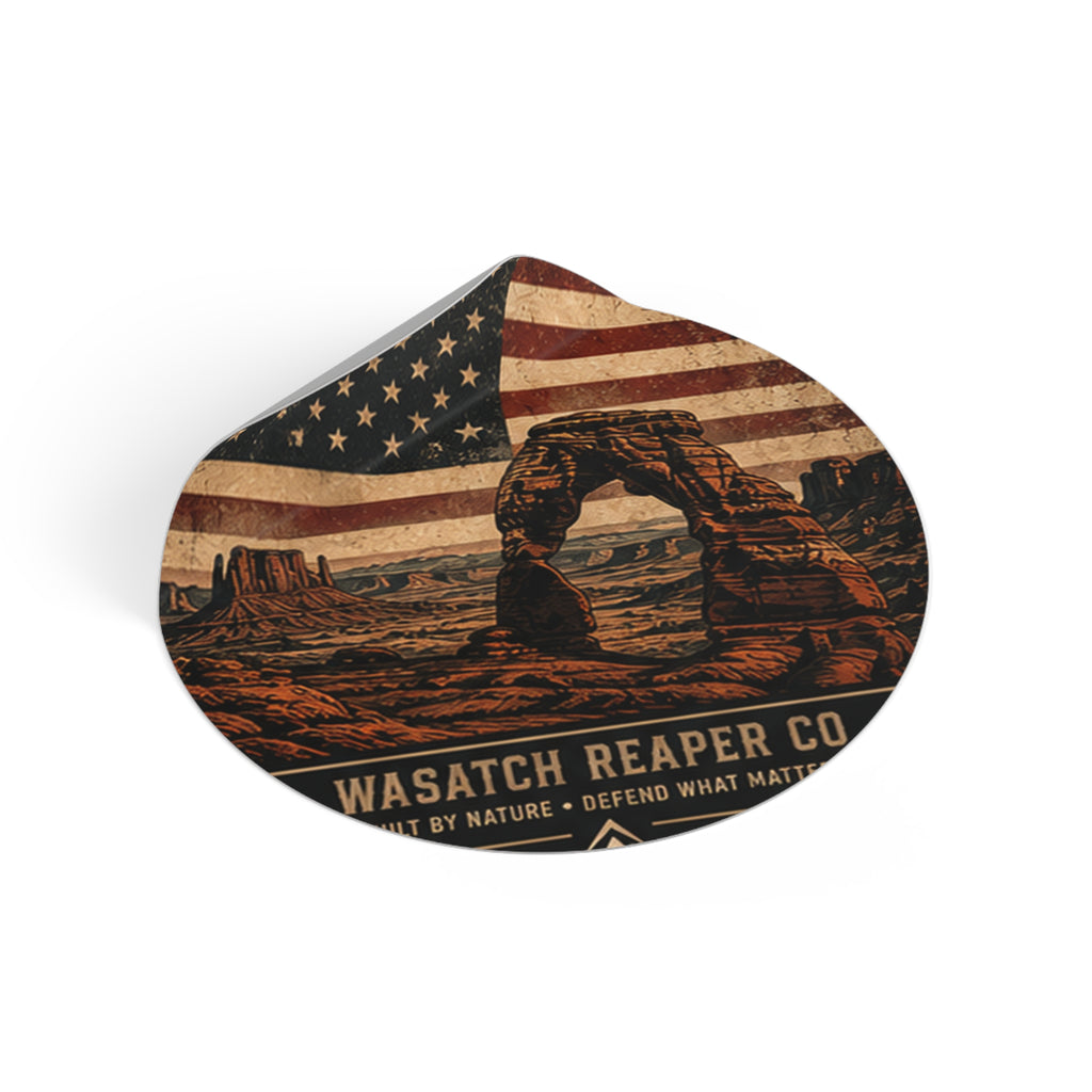 Round Vinyl Sticker — Wasatch Reaper Co. Delicate Arch American Flag Design
