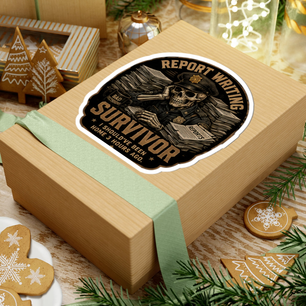 Report Writing Survivor Sticker | Skull Police Officer, Reports Pile Laptop Decal