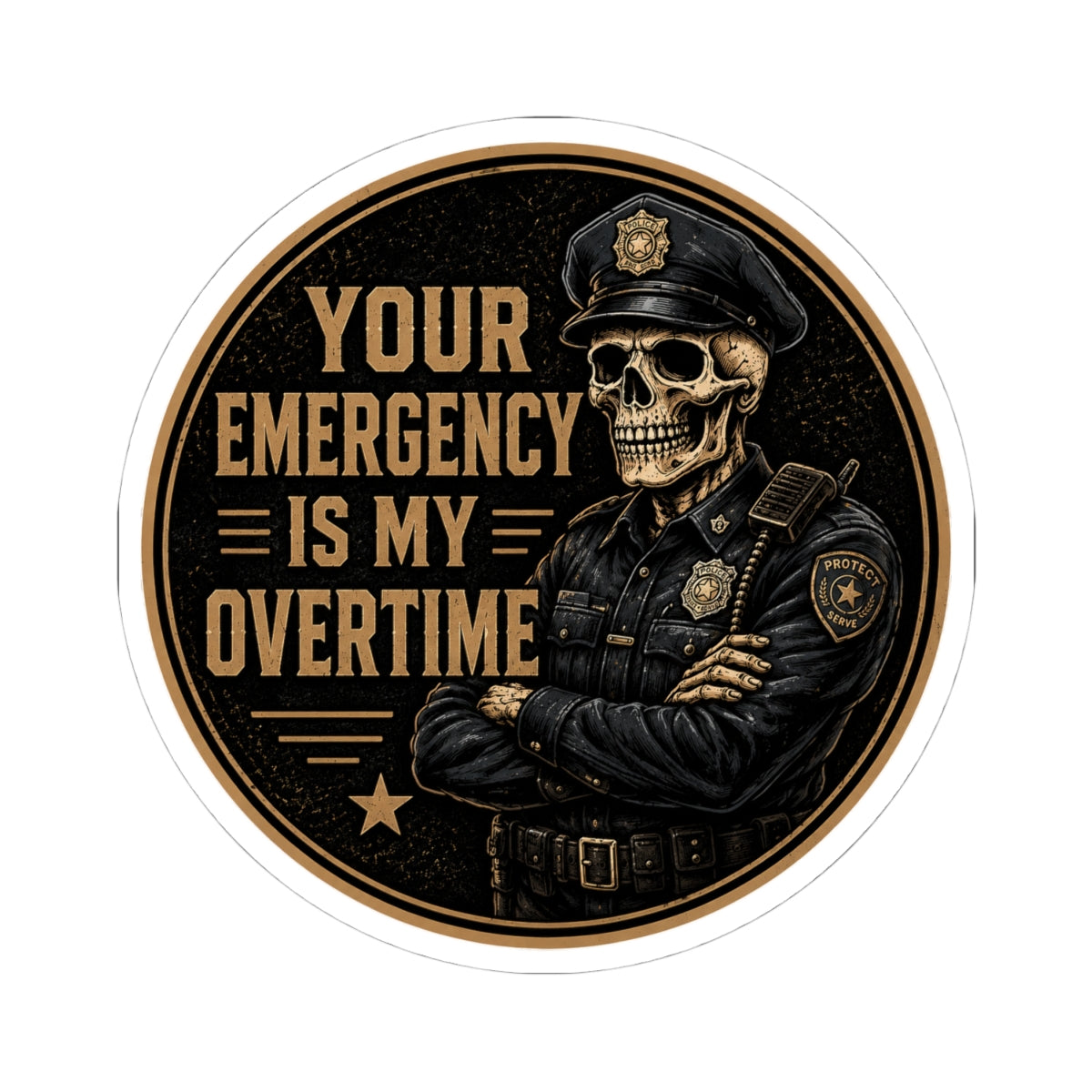Skull Police Officer Your Emergency Is My Overtime sticker | Kiss-Cut Sticker