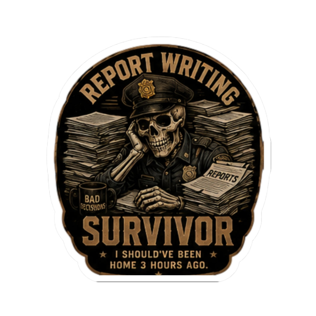 Report Writing Survivor Sticker | Skull Police Officer, Reports Pile Laptop Decal
