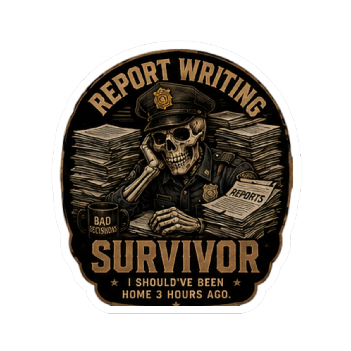 Report Writing Survivor Sticker | Skull Police Officer, Reports Pile Laptop Decal