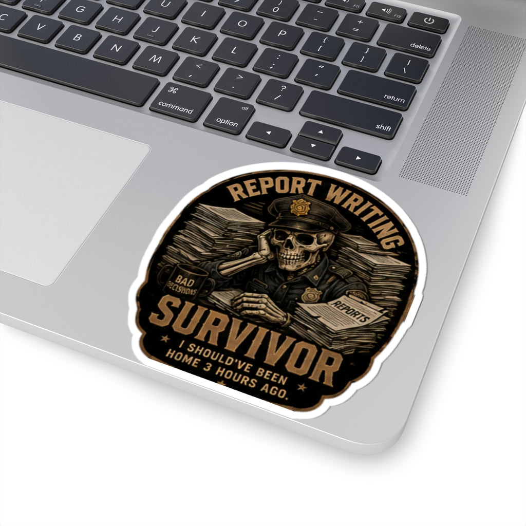 Report Writing Survivor Sticker | Skull Police Officer, Reports Pile Laptop Decal