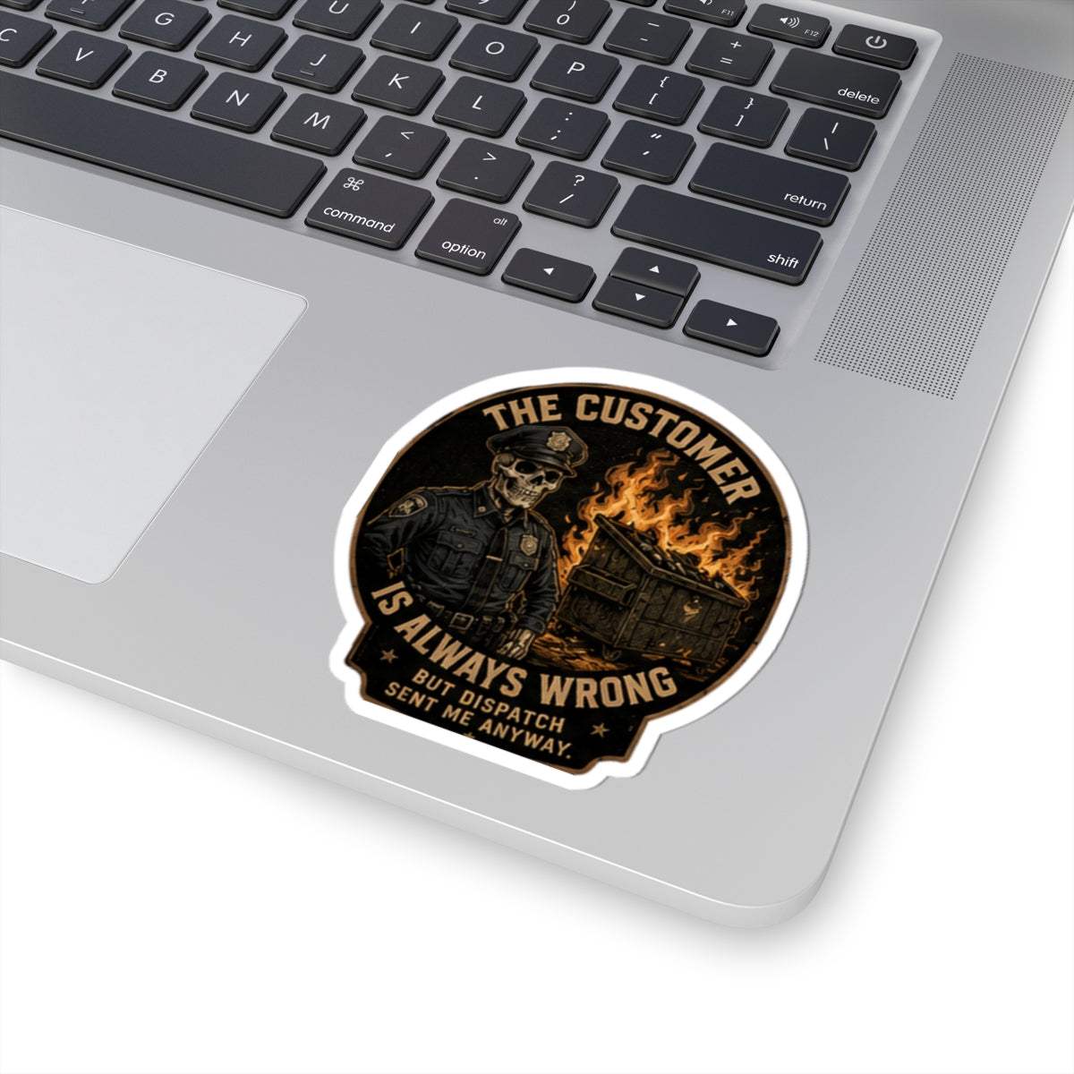 Skeleton Police Officer, Kiss-Cut Sticker | The Customer Is Always Wrong design