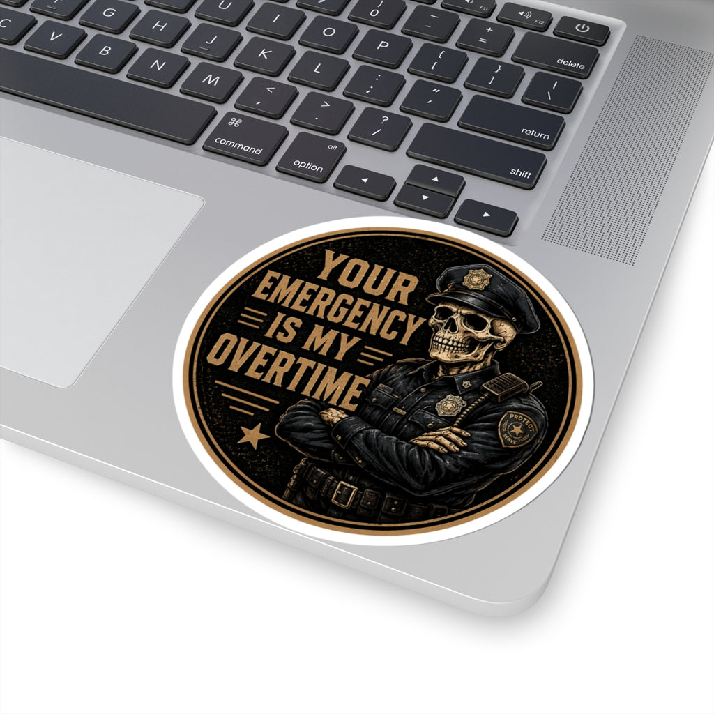 Skull Police Officer Your Emergency Is My Overtime sticker | Kiss-Cut Sticker