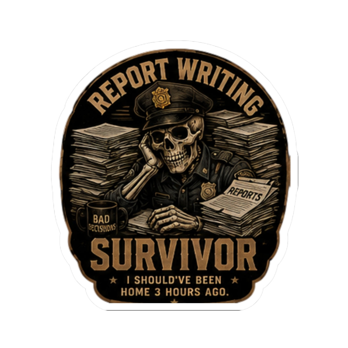 Report Writing Survivor Sticker | Skull Police Officer, Reports Pile Laptop Decal