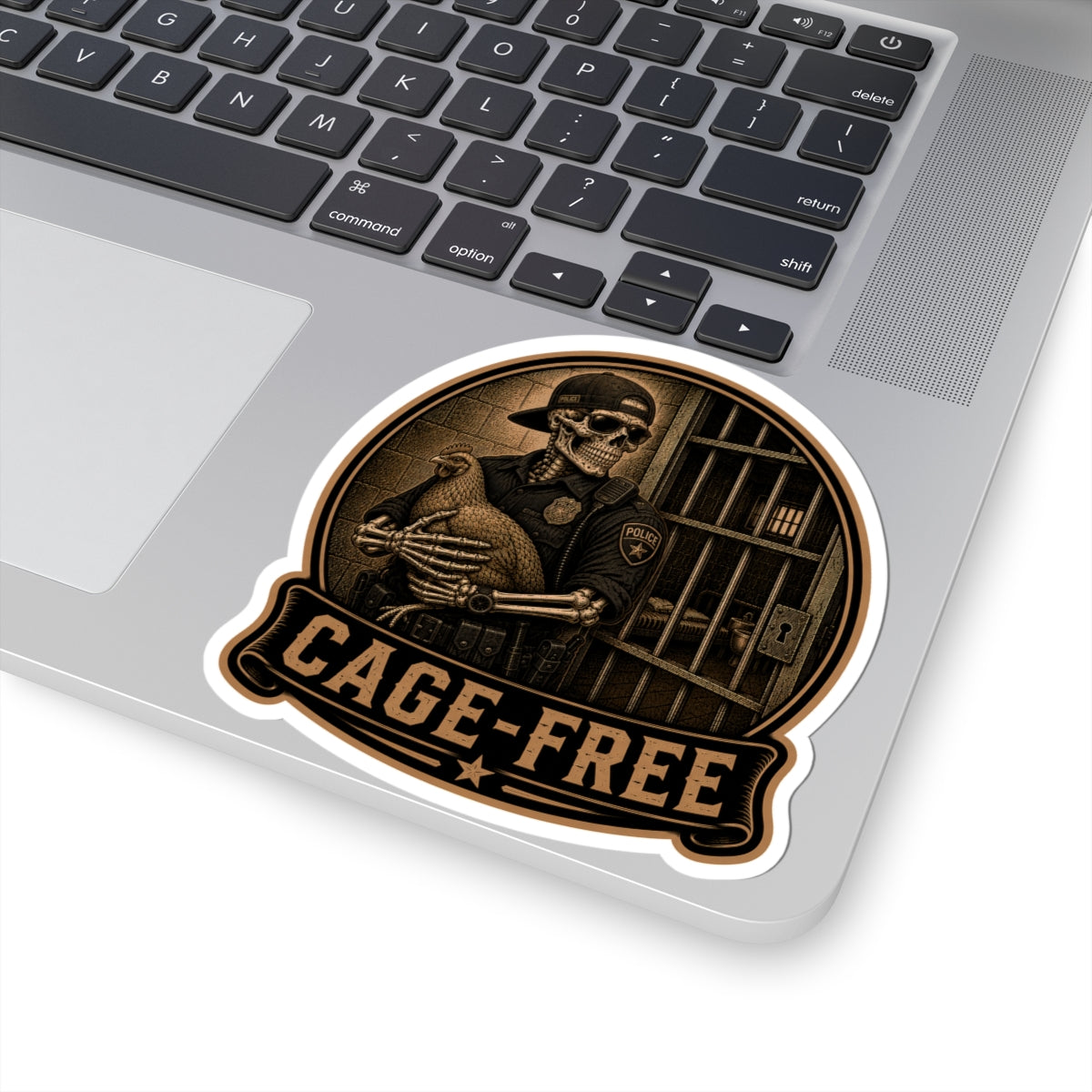 Cage-Free Skeleton Cop holding Chicken Sticker |